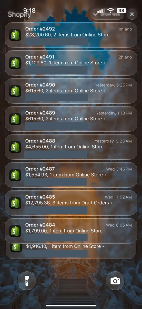 Order notifications including $28,200.60 and $12,795.36