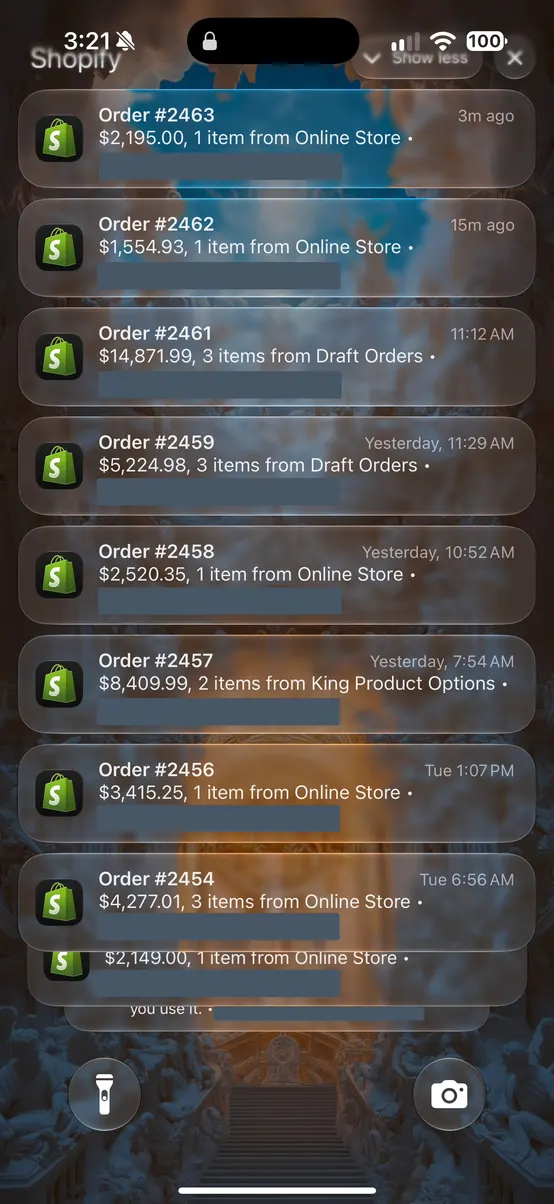 Order notifications including $14,871.99 and $8,409.99