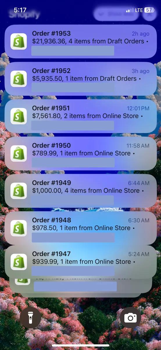 Order notifications including $21,936.36 and $7,561.80