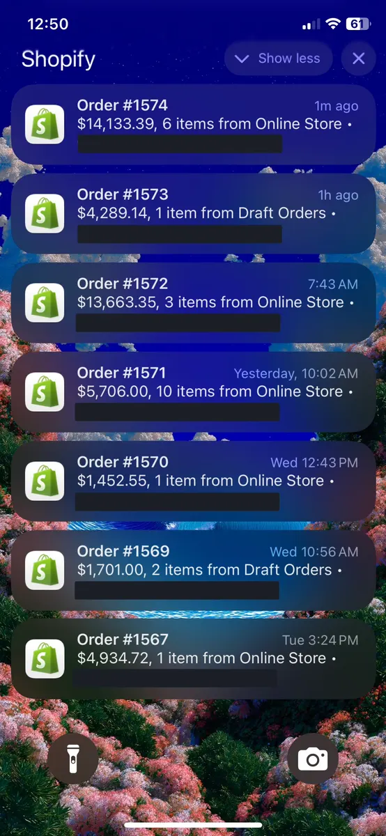 Order notifications including $14,133.39 and $13,663.35