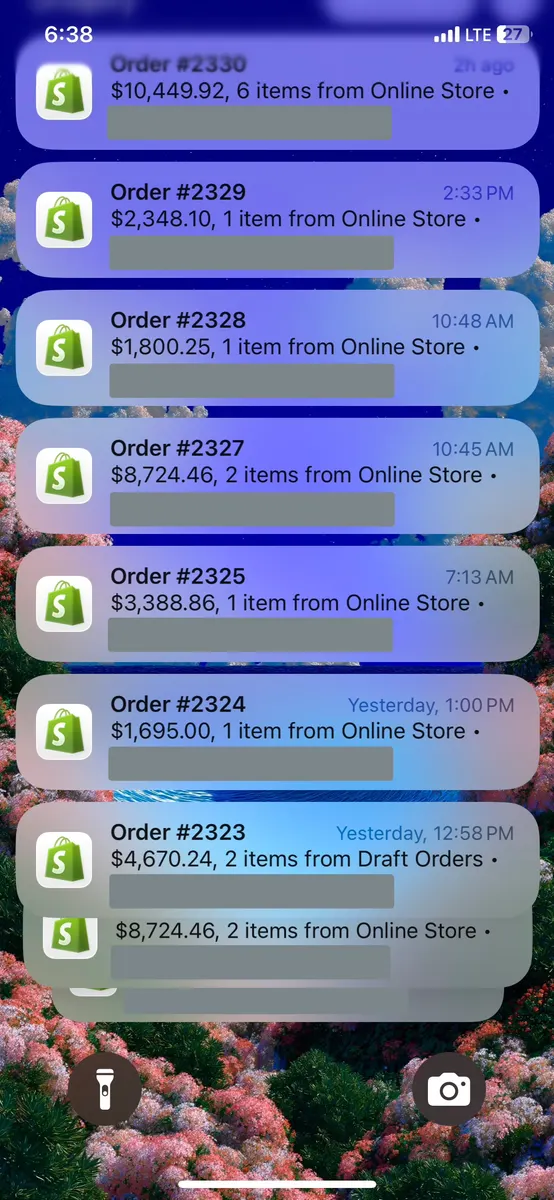 Order notifications including $10,449.92 and $8,724.46